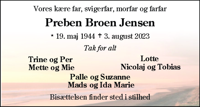 Dødsannonce for Preben Broen Jensen