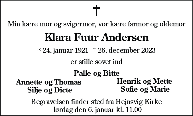 Dødsannonce for Klara Marie Andersen