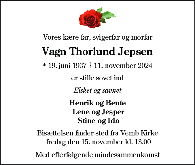 Dødsannonce for Vagn Thorlund Jepsen