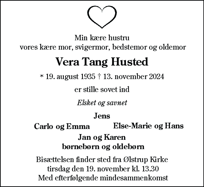 Dødsannonce for Vera Tang Husted