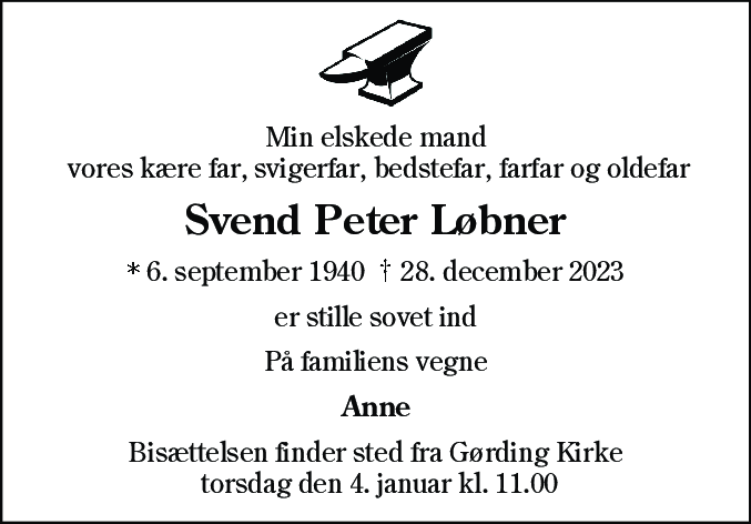 Dødsannonce for Svend Peter Løbner