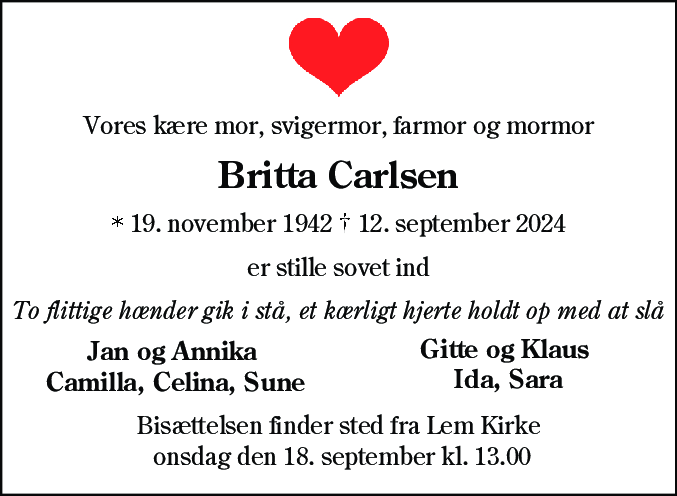 Dødsannonce for Britta Carlsen