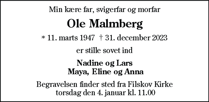 Dødsannonce for Ole Malmberg