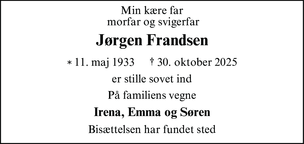 Dødsannonce for Jørgen Frederik Frandsen