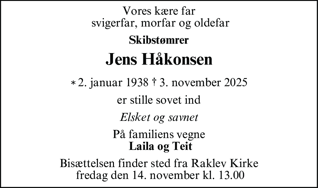 Dødsannonce for Jens Ivan Håkonsen