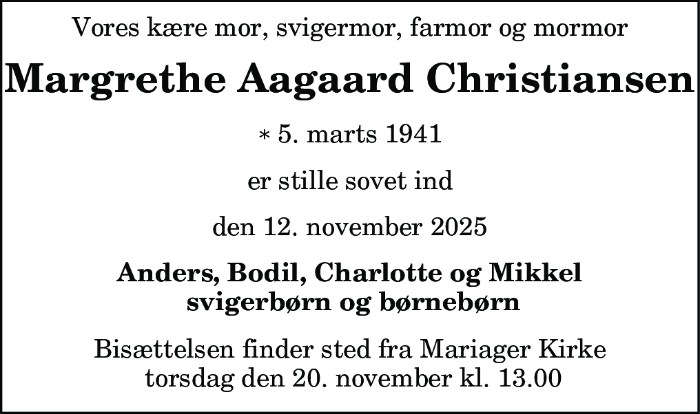 Dødsannonce for Margrethe Aagaard Christiansen