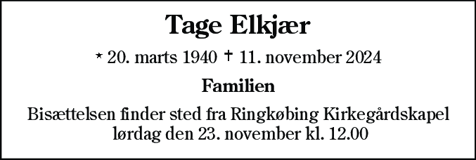 Dødsannonce for Tage Elkjær