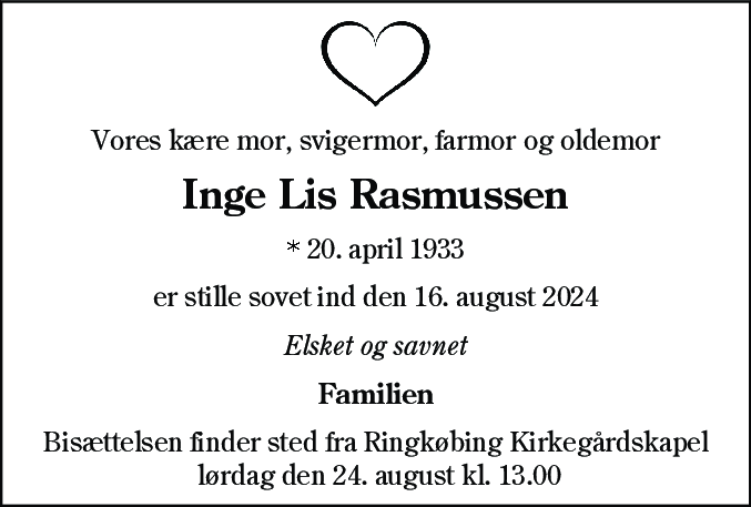 Dødsannonce for IngeLis Rasmussen