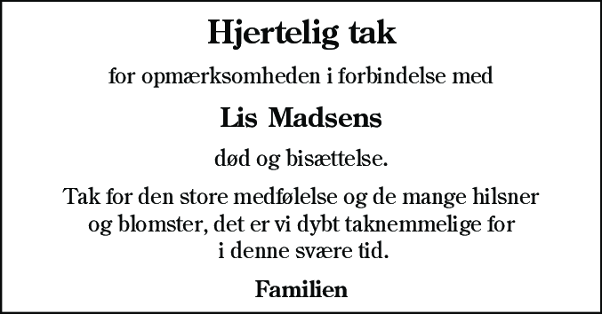 Dødsannonce for Lis Madsen