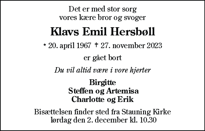 Dødsannonce for Klavs Emil Hersbøll