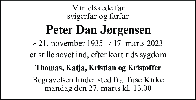 Dødsannonce for Peter Dan Jørgensen