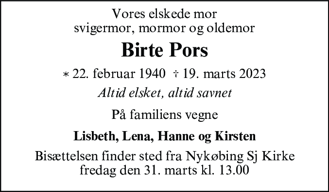 Dødsannonce for Birte Pors