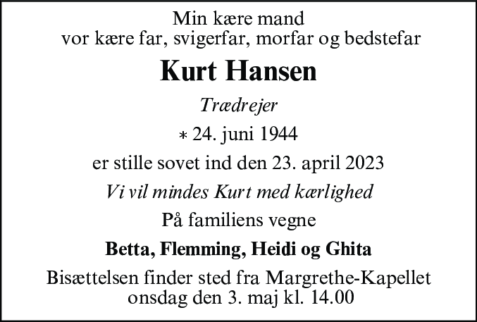 Dødsannonce for Kurt Hansen