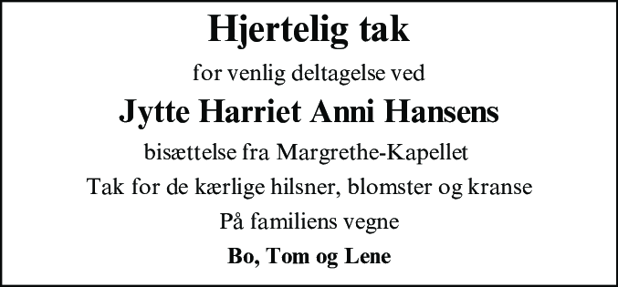 Dødsannonce for Jytte Harriet Anni Hansen