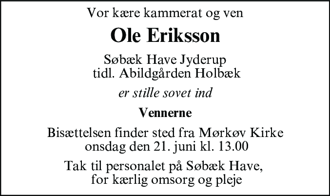 Dødsannonce for Ole Eriksson