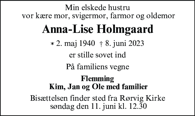 Dødsannonce for Anna-Lise Holmgaard
