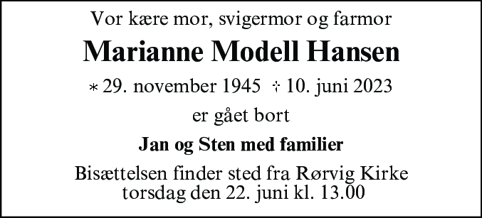 Dødsannonce for Marianne Modell Hansen
