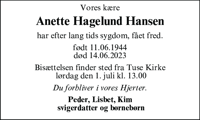 Dødsannonce for Anette Hagelund Hansen