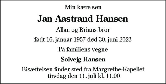 Dødsannonce for Jan Aastrand Hansen