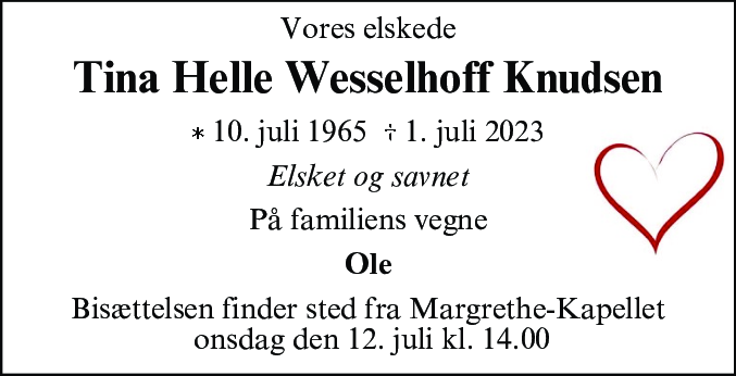 Dødsannonce for Tina Helle Wesselhoff Knudsen