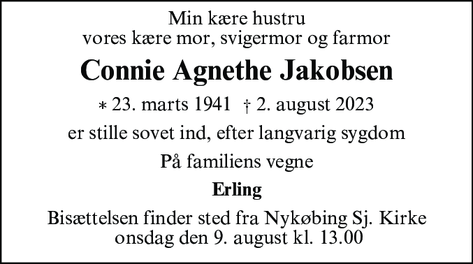 Dødsannonce for Connie Agnethe Jakobsen