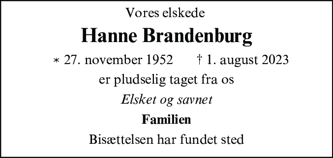 Dødsannonce for Hanne Jakobsen Brandenburg