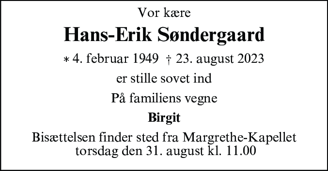 Dødsannonce for Hans-Erik Søndergaard
