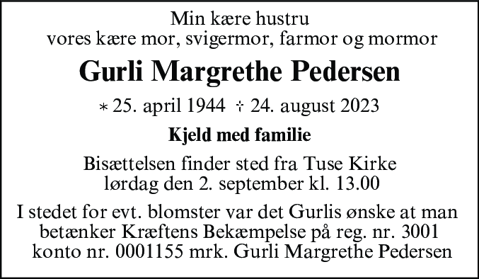 Dødsannonce for Gurli Margrethe Pedersen