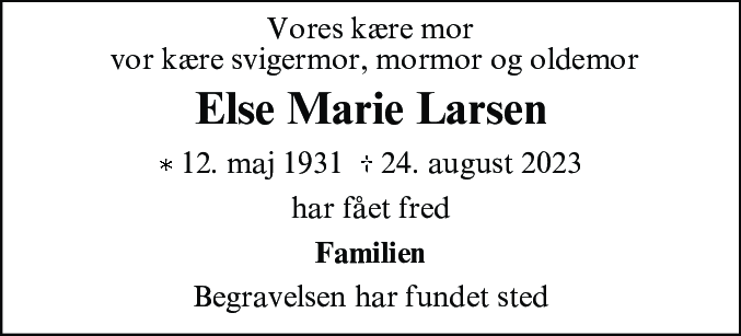 Dødsannonce for Else Marie Larsen