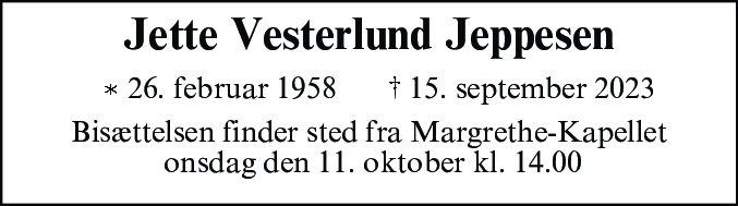 Dødsannonce for Jette Vesterlund Jeppesen