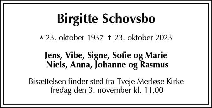 Dødsannonce for Birgitte Schovsbo