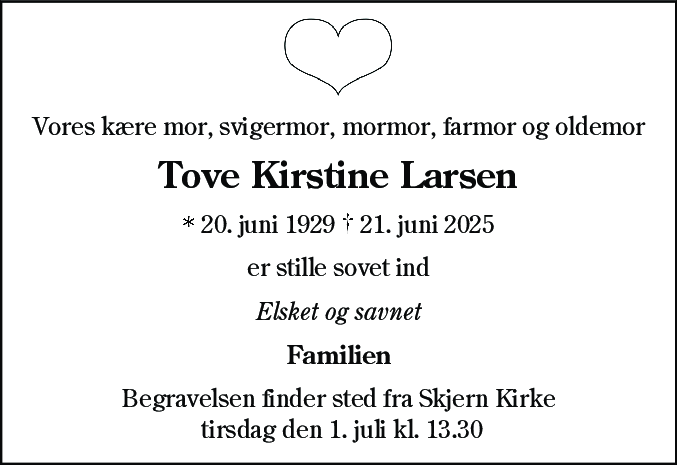 Dødsannonce for Tove Kirstine Larsen