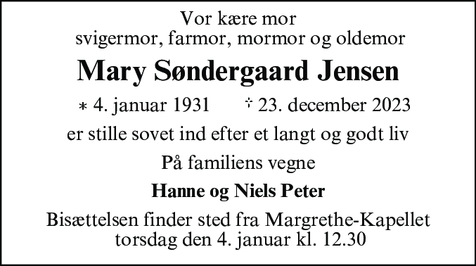 Dødsannonce for Mary Jensen