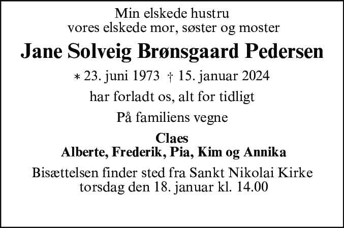 Dødsannonce for Jane Solveig Brønsgaard Pedersen