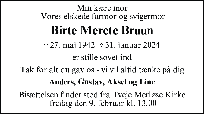 Dødsannonce for Birte Merete Bruun