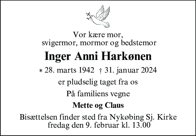 Dødsannonce for Inger Anni Harkønen