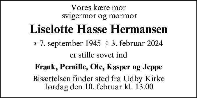 Dødsannonce for Liselotte Hasse Hermansen