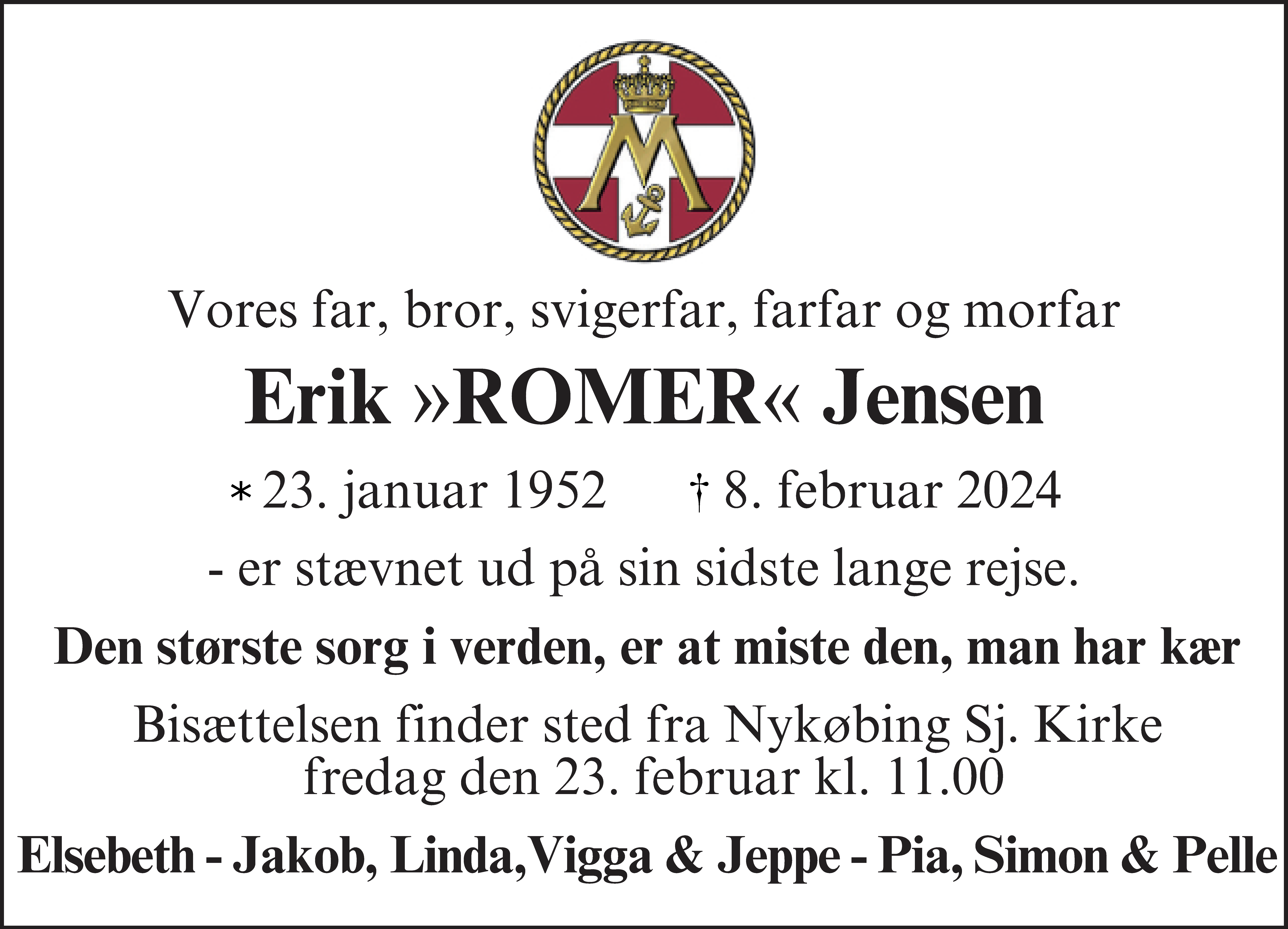 Dødsannonce for Erik Jakob Jensen