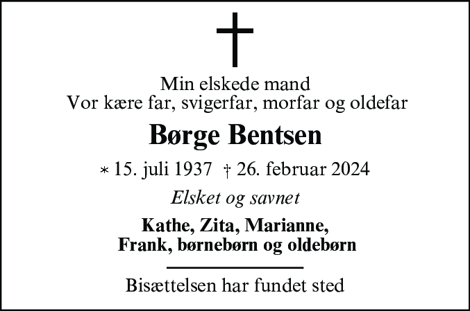 Dødsannonce for Børge Bentsen