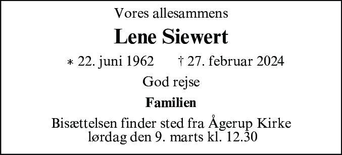 Dødsannonce for Lene Siewert