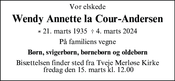 Dødsannonce for Wendy Annette la Cour-Andersen