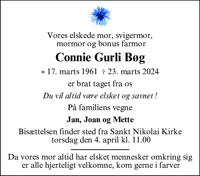 Dødsannonce for Connie Gurli Bøg