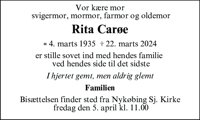 Dødsannonce for Rita Elinor Carøe