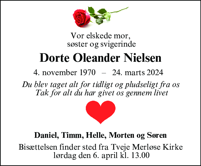 Dødsannonce for Dorte Oleander Nielsen