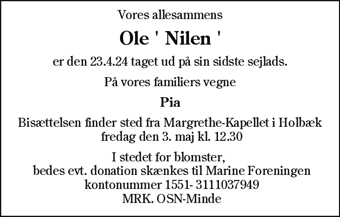 Dødsannonce for Ole Skovgaard Nielsen