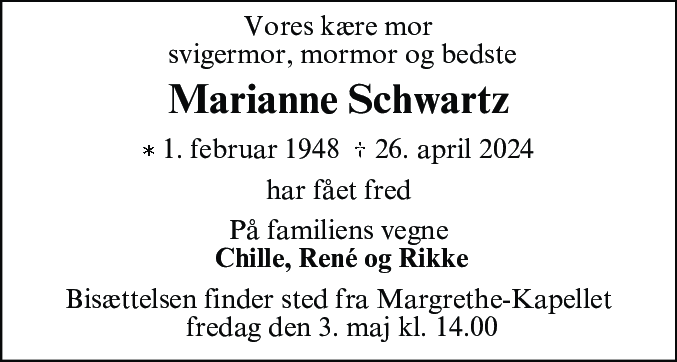 Dødsannonce for Marianne Schwartz