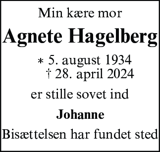 Dødsannonce for Agnete Hagelberg