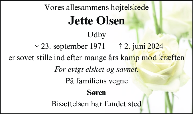 Dødsannonce for Jette Olsen