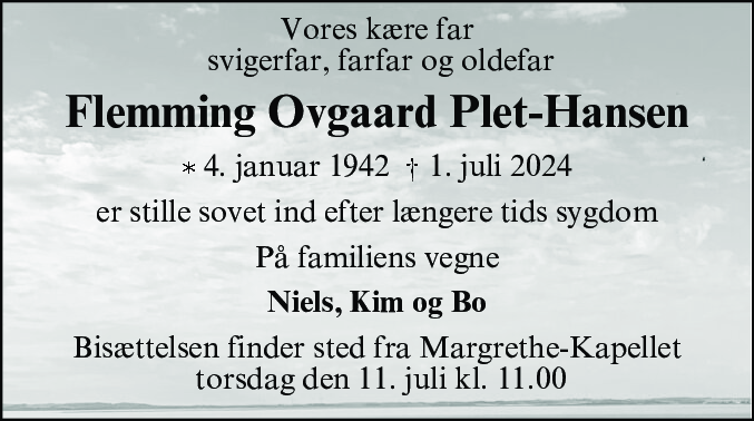 Dødsannonce for Flemming Ovgaard Plet-Hansen