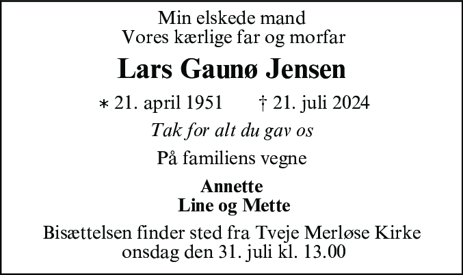 Dødsannonce for Lars Gaunø Jensen